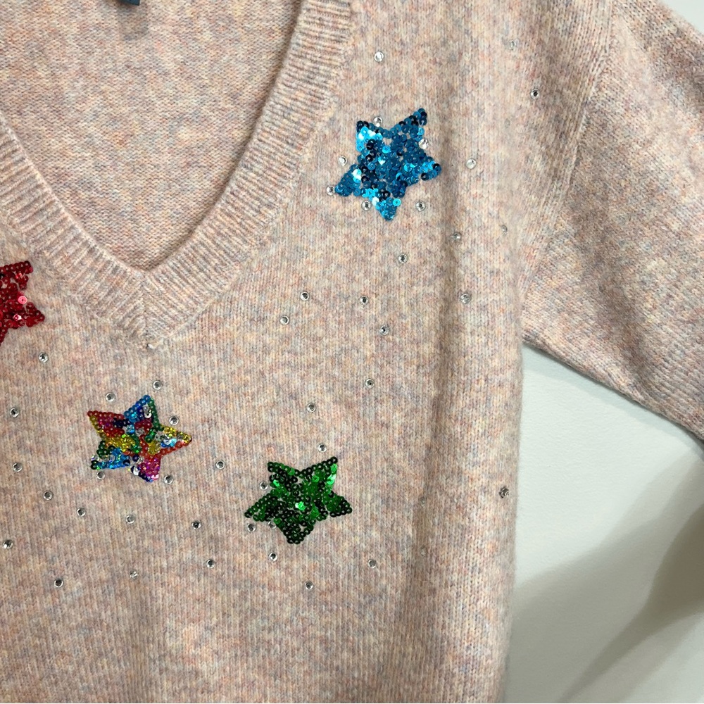 ModCloth Sweater Pink Multicolor Knit Wool Blend Sequin Stars V-neck Shirt XS - Picture 4 of 8